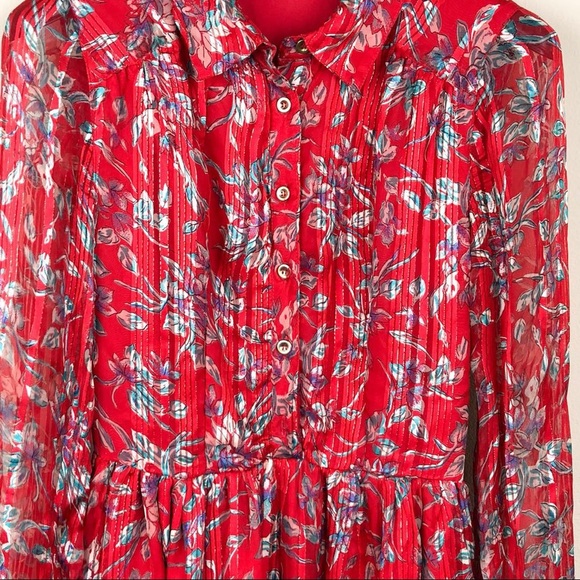 Topshop Long Sleeve Pleated Printed Red Dress - Picture 5 of 7